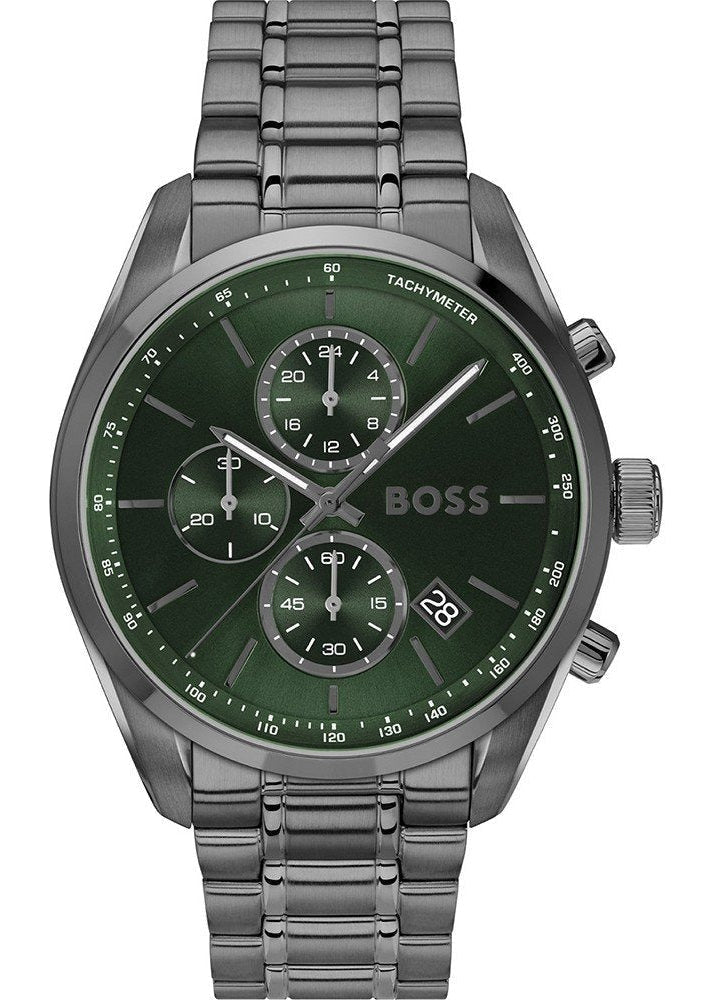 Hugo Boss Grand Prix Chronograph Green Dial Gunmetal Grey Steel Strap Watch for Men - 1514228