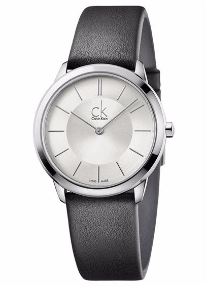 Calvin Klein Minimal Silver Dial Black Leather Strap Watch for Women - K3M221C6