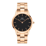 Daniel Wellington Iconic Link Black Dial Rose Gold Steel Strap Watch for Women - DW00100210