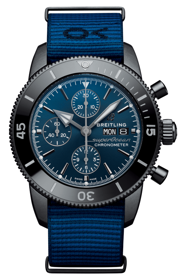 Breitling Superocean Heritage Chronograph 44 Outerknown Blue Dial Blue NATO Strap Watch for Men - M133132A1C1W1