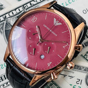 Emporio Armani Classic Chronograph Burgundy Dial Brown Leather Strap Watch For Men - AR1890