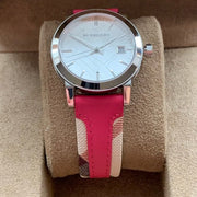 Burberry The City White Dial Haymarket Pink Leather Strap Watch for Women - BU9149