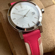 Burberry The City White Dial Haymarket Pink Leather Strap Watch for Women - BU9149