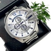 Diesel Mega Chief Chronograph White Dial Silver Steel Strap Watch For Men - DZ4477