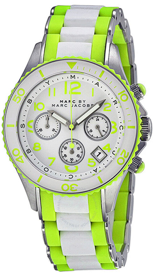Marc Jacobs Rock Chronograph White Dial White & Green Silicone Strap Watch for Women - MBM2592