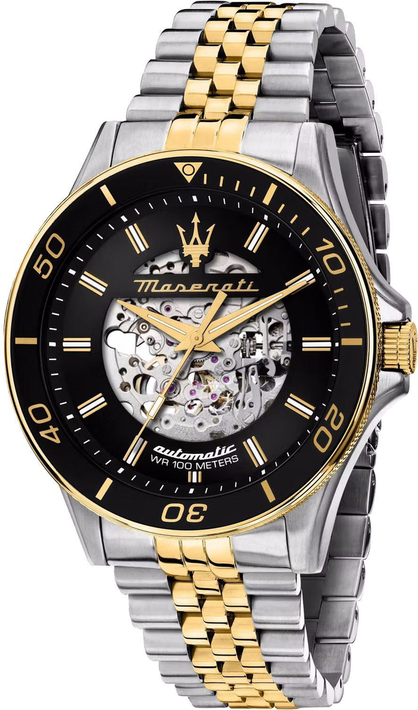 Maserati SFIDA Automatic Skeleton Black Dial Two Tone Steel Strap Watch For Men - R8823140010
