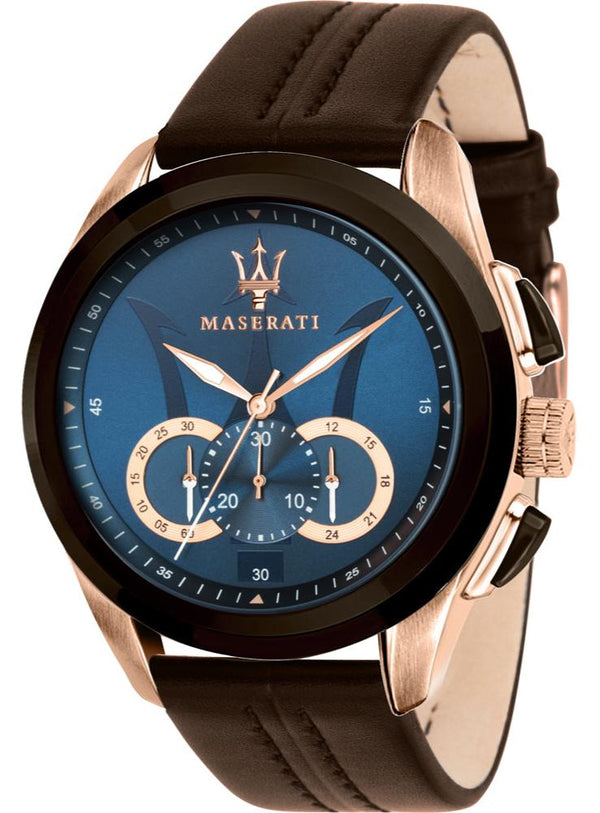 Maserati Traguardo Chronograph Blue Dial Brown Leather Strap Watch For Men - R8871612024