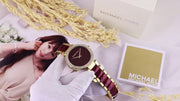 Michael Kors Parker Mother of Pearl Red Dial Two Tone Steel Strap Watch for Women - MK6427
