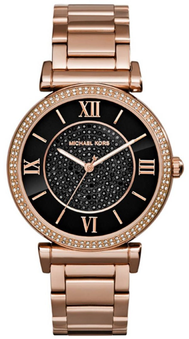 Michael Kors Catlin Black Diamonds Dial Rose Gold Steel Strap Watch for Women - MK3356