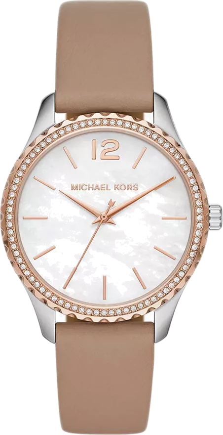 Michael Kors Layton Mother of Pearl White Dial Brown Leather Strap Watch For Women - MK2910