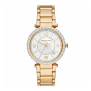Michael Kors Parker Mother of Pearl White Dial Gold Steel Strap Watch For Women - MK4693