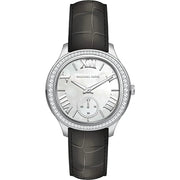 Michael Kors Sage Three-Hand Mother of Pearl White Dial Black Leather Strap Watch for Women - MK4821