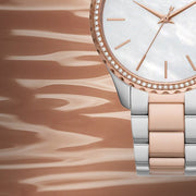 Michael Kors Layton Three Hand Mother of Pearl White Dial Two Tone Steel Strap Watch For Women - MK6849