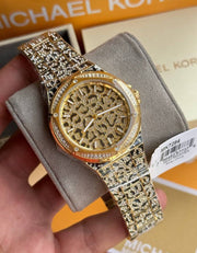 Michael Kors Lennox Three Hand Crystals Gold Dial Two Tone Steel Strap Watch For Women - MK7284