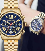 Michael Kors Lexington Chronograph Blue Dial Gold Steel Strap Watch For Women - MK6206