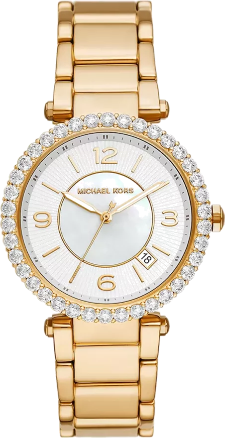 Michael Kors Parker Mother of Pearl White Dial Gold Steel Strap Watch For Women - MK4693