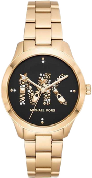 Michael Kors Runway Quartz Black Dial Gold Steel Strap Watch For Women - MK6682