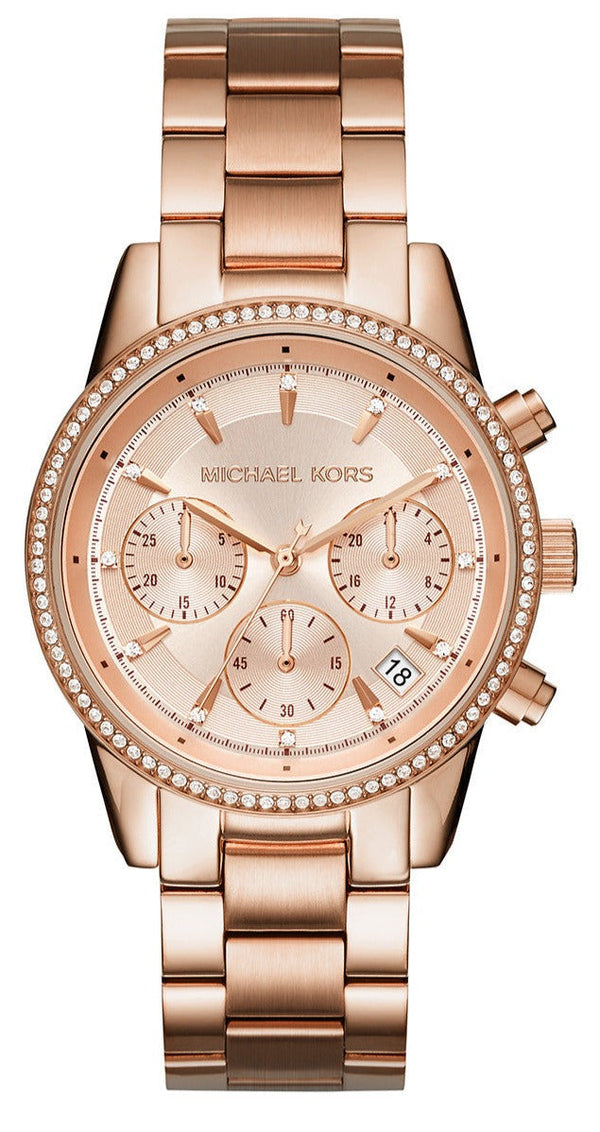 Michael Kors Ritz Chronograph Rose Gold Dial Rose Gold Steel Strap Watch for Women - MK6357