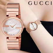 Gucci G Interlocking Mother of Pearl Dial Rose Gold Steel Strap Watch For Women - YA133515