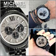 Michael Kors Lexington Chronograph Crystals Silver Dial Black Steel Strap Watch for Men - MK8605