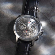 Tommy Hilfiger Keagan Quartz Grey Dial Black Leather Strap Watch for Men - 1791289