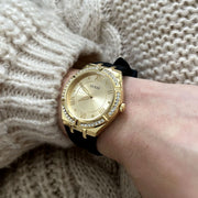 Guess Cosmo Diamonds Gold Dial Black Rubber Strap Watch for Women - GW0034L1