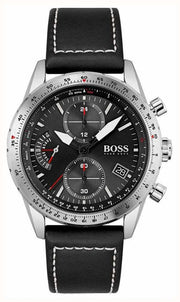 Hugo Boss Aero Chronograph Black Dial Black Leather Strap Watch for Men - 1513770