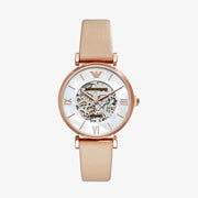 Emporio Armani Meccanico Silver Skeleton Dial Beige Leather Strap Watch For Women - AR60001