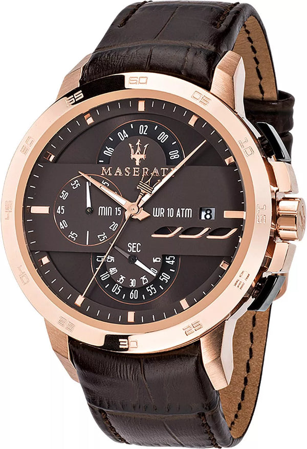 Maserati Ingegno Chronograph Brown Dial Brown Leather Strap Watch for Men - R88771639001