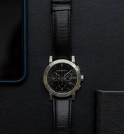 Burberry The City Chronograph Black Dial Black Leather Strap Watch for Men - BU9356