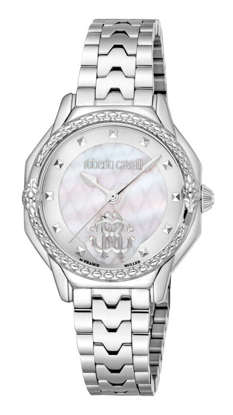 Just Cavalli Classic Diamonds Mother of Pearl Dial Silver Steel Strap Watch for Women - RV1L225M0041