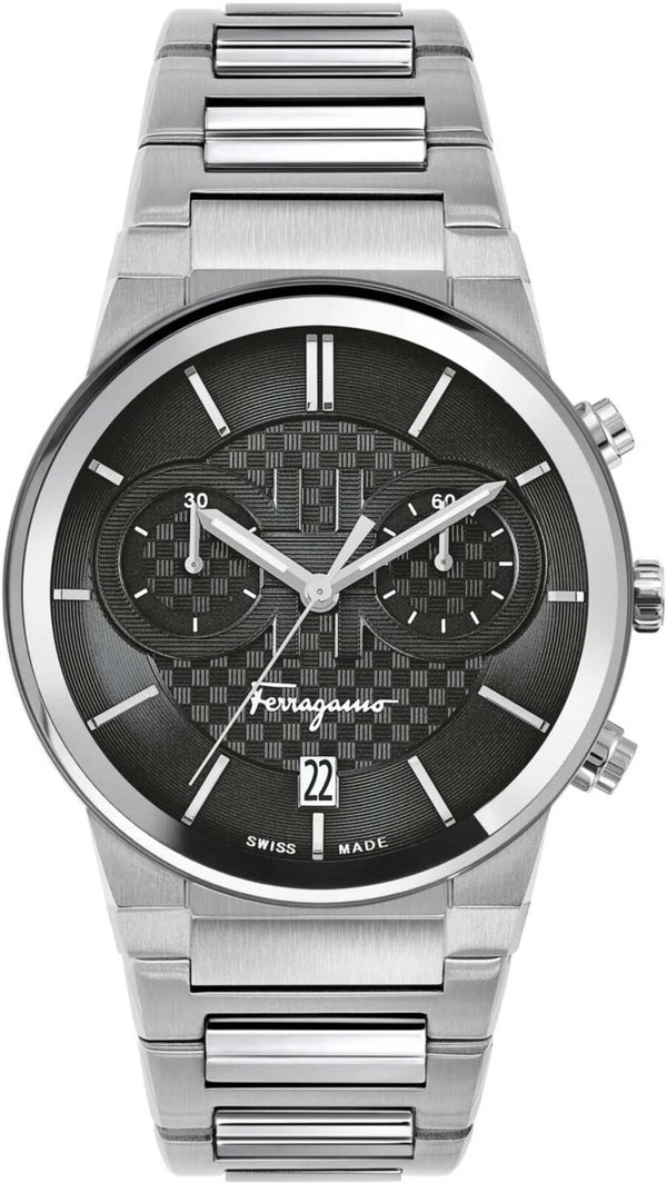 Salvatore Ferragamo Sapphire Chrono Black Dial Silver Steel Strap Watch for Men - SFME00321