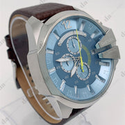 Diesel Mega Chief Chronograph Blue Dial Brown Leather Strap Watch For Men - DZ4281