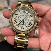 Michael Kors Camille Silver Diamonds Dial Gold Steel Strap Watch for Women - MK5756