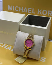 Michael Kors Lexington Quartz Pink Dial Gold Steel Strap Watch For Women - MK3270