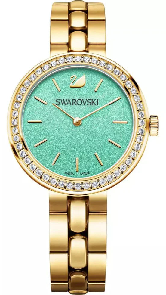 Swarovski Daytime Crystals Turquoise Dial Gold Steel Strap Watch for Women - 5182212