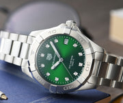 Tag Heuer Aquaracer Diamonds Emerald Green Dial Silver Steel Strap Watch for Women - WBD1316.BA0740