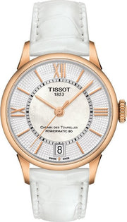 Tissot Chemin Des Tourelles Powermatic 80 Lady Silver Dial White Leather Strap Watch For Women - T099.207.36.118.00