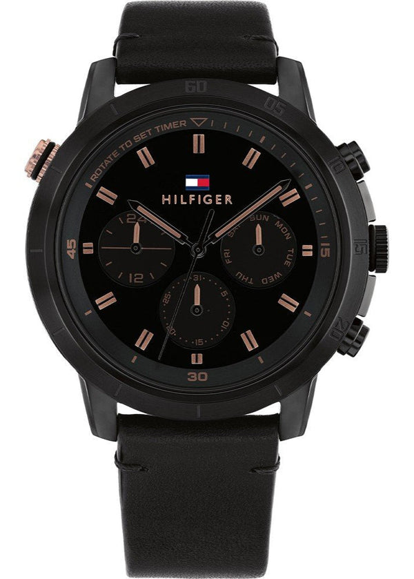 Tommy Hilfiger Troy Chronograph Black Dial Black Leather Strap Watch For Men - 1792110
