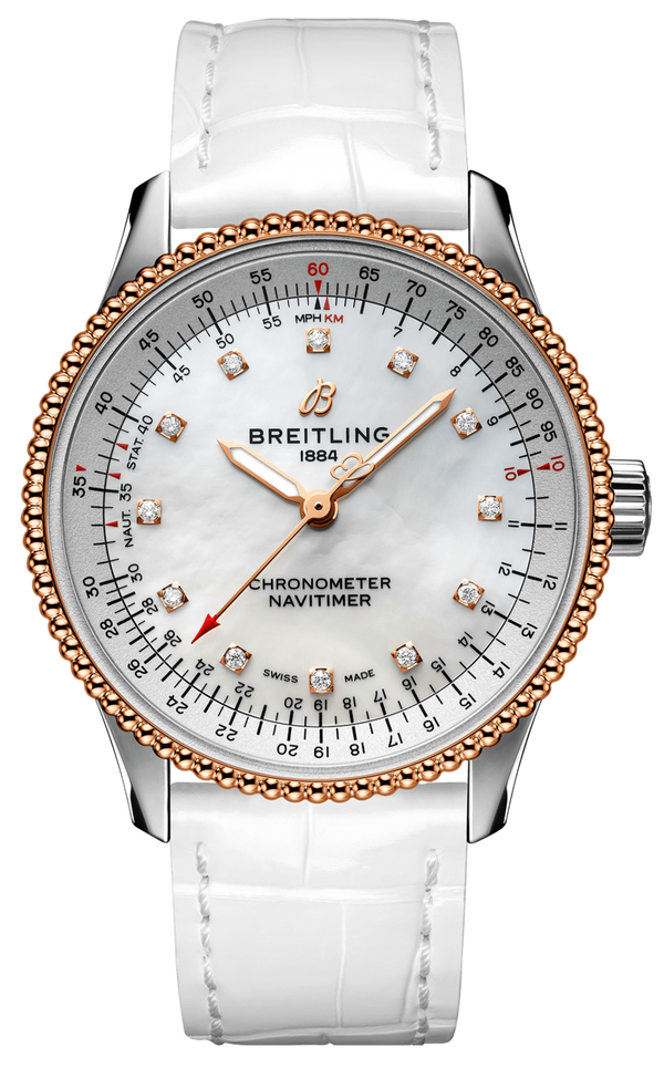 Breitling Navitimer Automatic 35 Mother of Pearl Dial White Leather Strap Watch for Women - U17395211A1P3