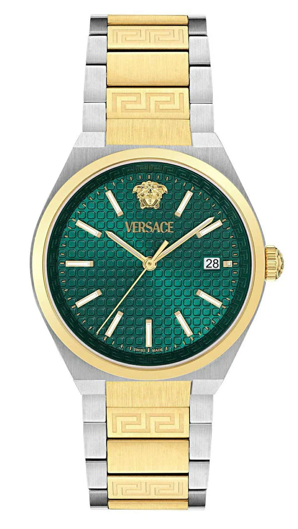 Versace V-Auria Quartz Green Dial Two Tone Steel Strap Watch for Men - VE0F00425