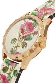 Gucci G Timeless Floral Gold Dial White Leather Strap Watch For Women - YA1264084