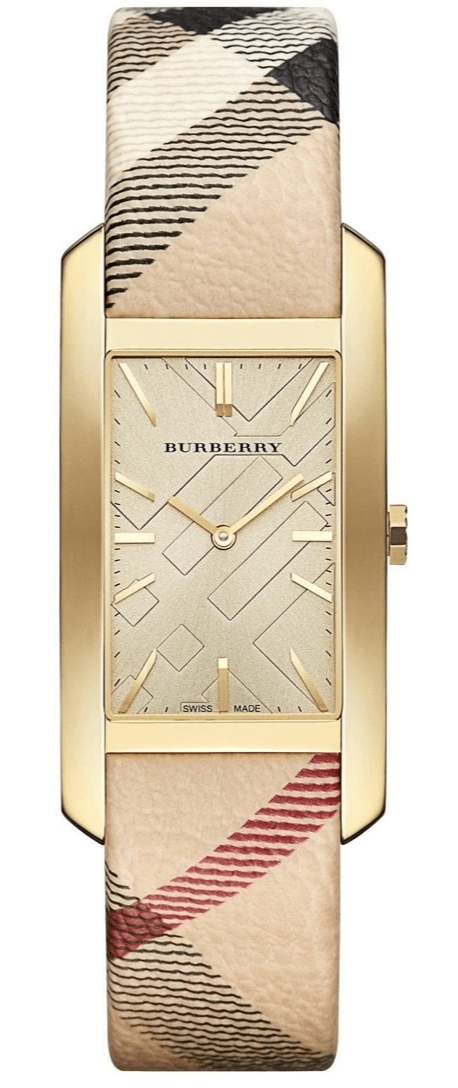 Burberry Pioneer Gold Dial Haymarket Beige Leather Strap Watch for Women - BU9509