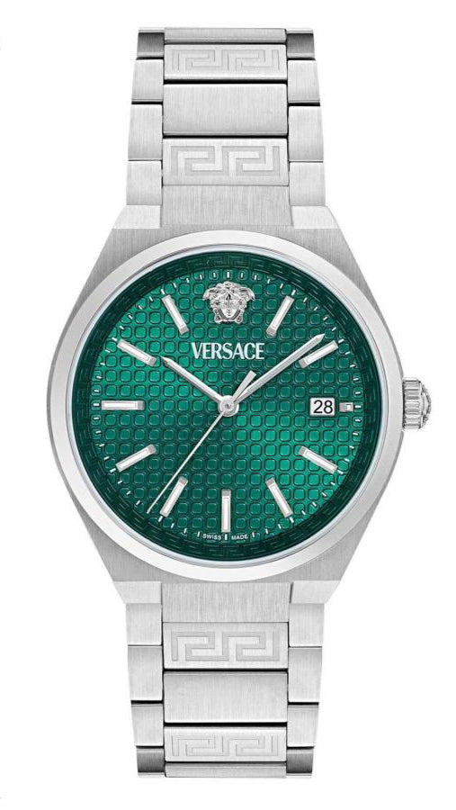 Versace V-Auria Quartz Green Dial Silver Steel Strap Watch for Men - VE0F00125