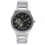 Maserati Stile Skeleton Automatic Black Dial Silver Steel Strap Watch For Men - R8823142002