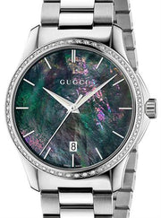 Gucci G Timeless Diamonds Mother of Pearl Blue Dial Silver Steel Strap Unisex Watch - YA126458