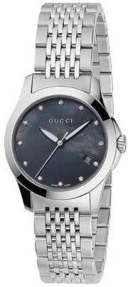 Gucci G Timeless Diamonds Mother of Pearl Black Dial Silver Steel Strap Watch For Women - YA126505