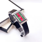 Gucci G-Frame Mother of Pearl Green & Red Dial Black Leather Strap Watch For Women - YA147403