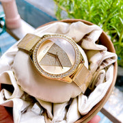 Guess Tri Glitz Quartz Diamonds Gold Dial Gold Mesh Bracelet Watch For Women - W1142L2