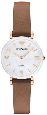 Emporio Armani Gianni T Bar Quartz Mother of Pearl White Dial Brown Leather Strap Watch For Women - AR11040